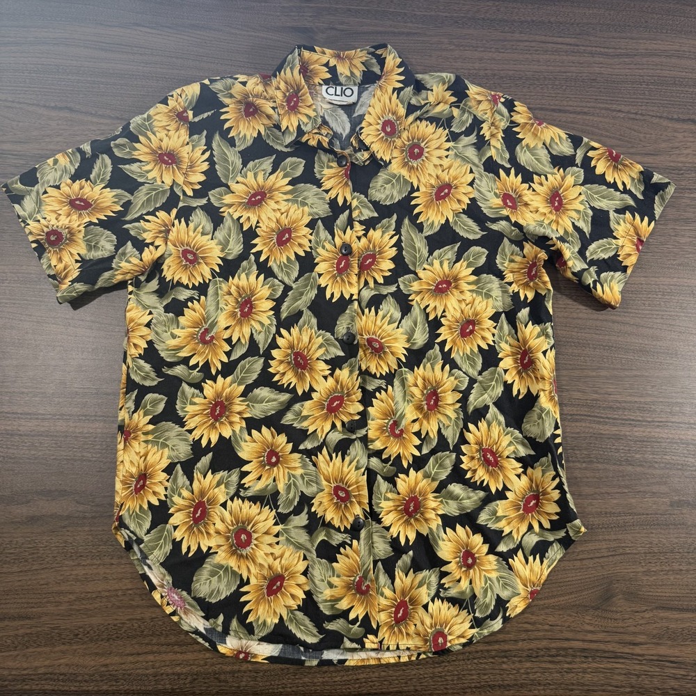 Vintage 80s 90s CLIO Women's Sunflower Print Button Up Shirt Medium